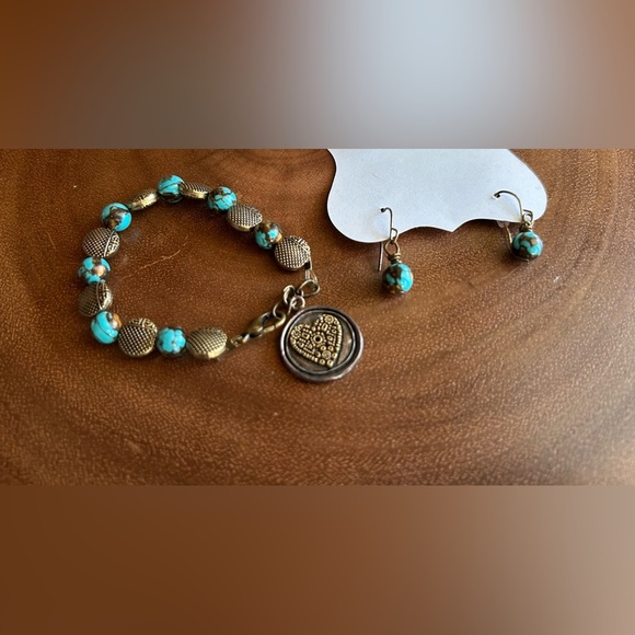turquoise and bronze bracelet and earrings SET, stretchy bracelet, handmade, new - Picture 2 of 2
